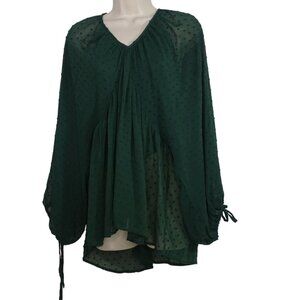 Entro Green Sheer Swiss Dot V-Neck Long Sleeve Blouse Top Women Size L